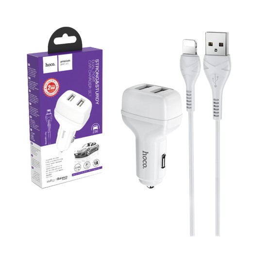 Hoco Z36 Leader Car Charger Dual Port Lightning Cable Set 1m White